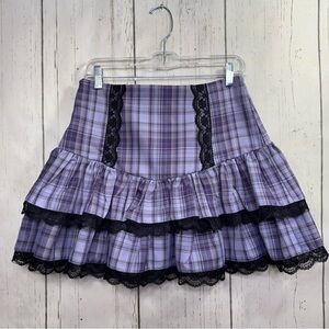 Mikumn Purple Plaid Ruffle Mini Skirt Lace Trim Gothic Y2K Size L Grunge Fairy